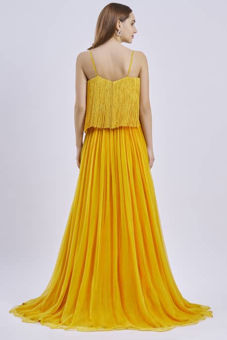 Shop Swatee Singh Yellow V Neck Fringed Strappy Gown at Aza Fashions Shop_Swatee Singh_Yellow V Neck Fringed Strappy Gown _at_Aza_Fashions