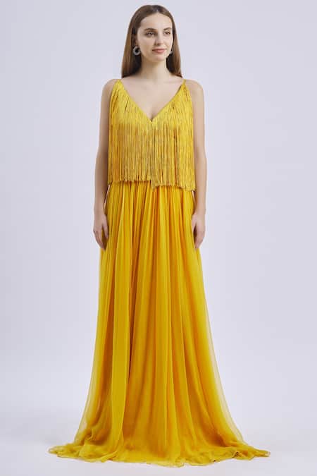 Swatee Singh Yellow V Neck Fringed Strappy Gown Online at Aza Fashions Swatee Singh_Yellow V Neck Fringed Strappy Gown _Online_at_Aza_Fashions