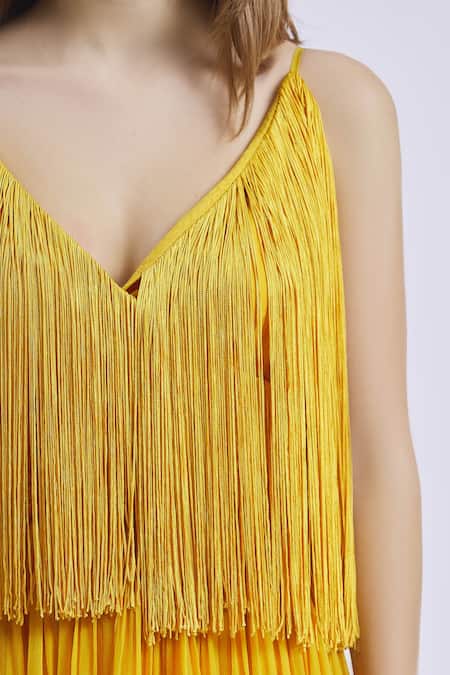 Buy Swatee Singh Yellow V Neck Fringed Strappy Gown Online at Aza Fashions Buy_Swatee Singh_Yellow V Neck Fringed Strappy Gown _Online_at_Aza_Fashions