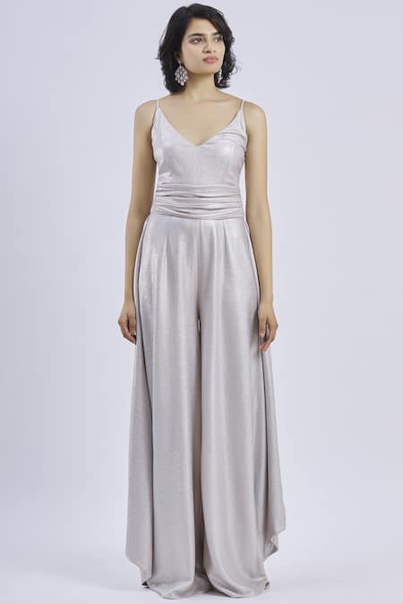 Swatee Singh_Silver V Neck Metallic Strappy Jumpsuit _Online_at_Aza_Fashions