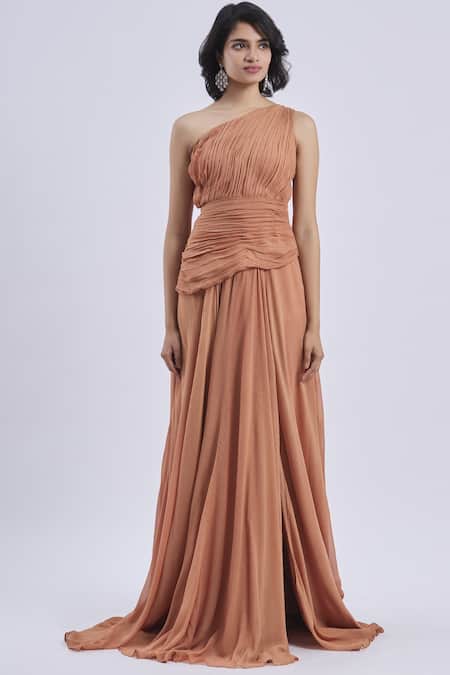 Swatee Singh Peach Georgette Asymmetric One Shoulder Slit Gown Online at Aza Fashions Swatee Singh_Peach Georgette Asymmetric One Shoulder Slit Gown _Online_at_Aza_Fashions