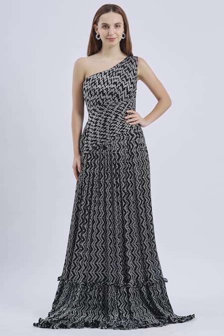 Swatee Singh Black Asymmetric One Shoulder Printed Gown