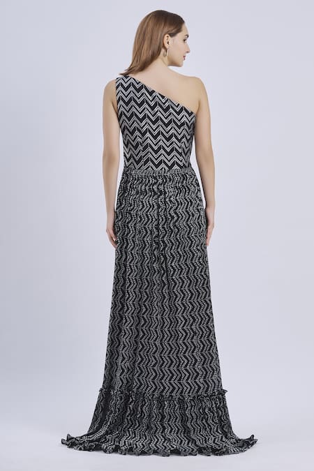 Shop Swatee Singh Black Asymmetric One Shoulder Printed Gown at Aza Fashions Shop_Swatee Singh_Black Asymmetric One Shoulder Printed Gown _at_Aza_Fashions