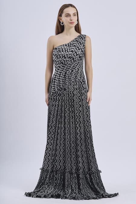 Swatee Singh Black Asymmetric One Shoulder Printed Gown Online at Aza Fashions Swatee Singh_Black Asymmetric One Shoulder Printed Gown _Online_at_Aza_Fashions