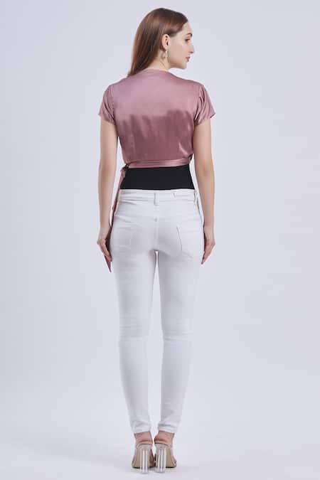 Shop Swatee Singh Purple Satin V Neck Wrap Crop Top at Aza Fashions Shop_Swatee Singh_Purple Satin V Neck Wrap Crop Top _at_Aza_Fashions