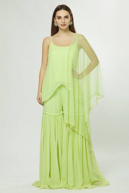 Arpan Vohra_Green Georgette Round Embellished Kurta Set _Online_at_Aza_Fashions