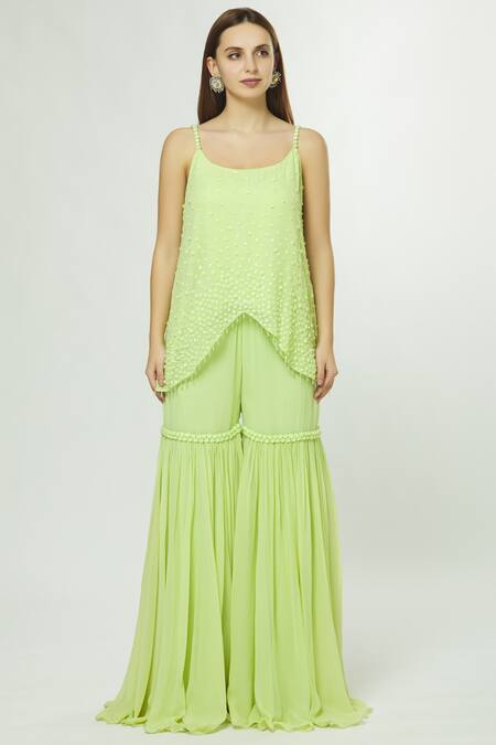 Buy_Arpan Vohra_Green Georgette Round Embellished Kurta Set _Online_at_Aza_Fashions