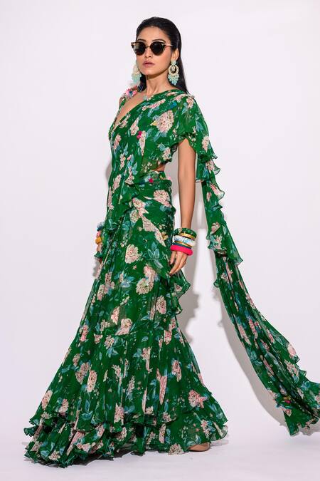 Aangan By Parul Green Chiffon Embroidery Plunge Neck Floral Print Pre-draped Saree With Blouse Online at Aza Fashions Aangan By Parul_Green Chiffon Embroidery Plunge Neck Floral Print Pre-draped Saree With Blouse _Online_at_Aza_Fashions