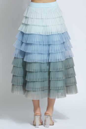 Geisha Designs_Blue Net Tiered Ruffle Midi Skirt_Online_at_Aza_Fashions