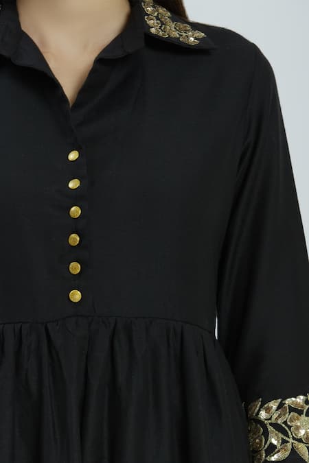 Shop_Ranian_Black Silk Blend Spread Collar Embroidered Kurta Set _Online_at_Aza_Fashions