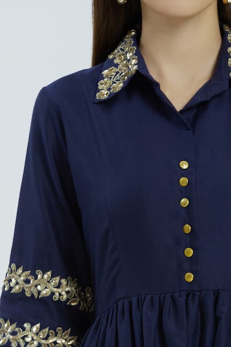 Shop_Ranian_Blue Silk Blend Spread Collar Embroidered Kurta Set _Online_at_Aza_Fashions