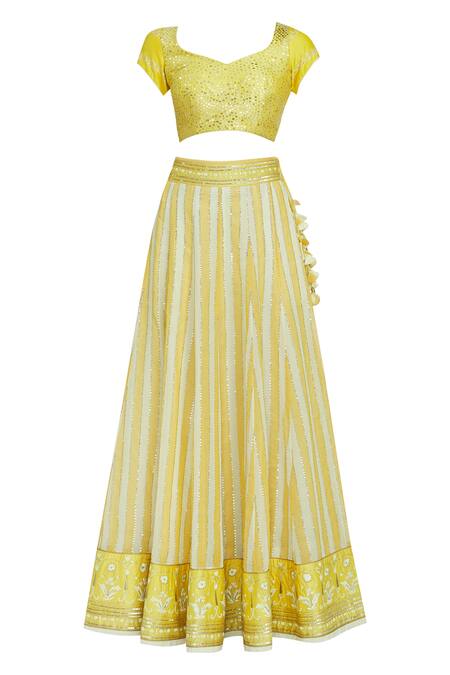 Buy_Poonam Dubey_Yellow Banarasi Silk Blouse Leaf Lehenga Set_Online_at_Aza_Fashions