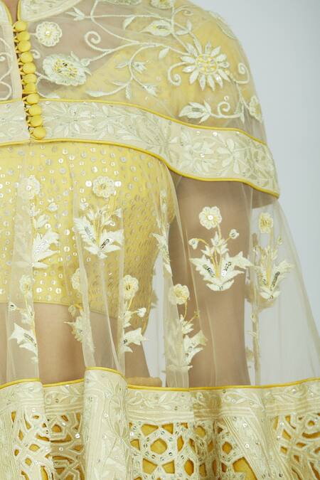 Shop_Poonam Dubey_Yellow Banarasi Silk Blouse Leaf Lehenga Set_Online_at_Aza_Fashions