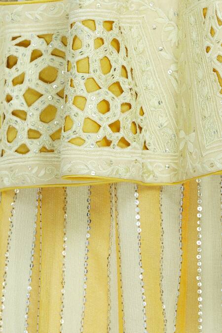 Poonam Dubey_Yellow Banarasi Silk Blouse Leaf Lehenga Set_at_Aza_Fashions