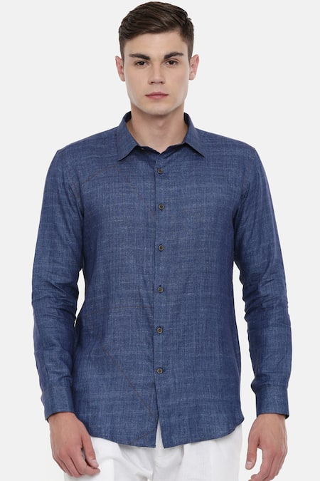 Mayank Modi - Men_Blue Linen Shirt_Online_at_Aza_Fashions