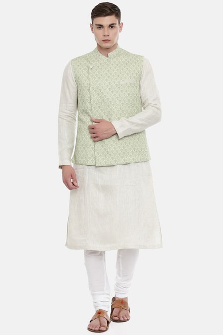 Cream and Yellow Kurta Pajama in Modi Style Jacket RL6876522