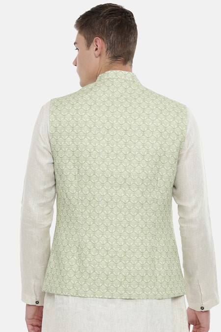 Mayank Modi - Men Paisley Printed Linen Nehru Jacket For Kids