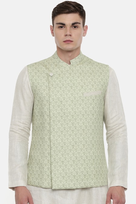 Mayank Modi - Men_Green Linen Nehru Jacket_Online_at_Aza_Fashions