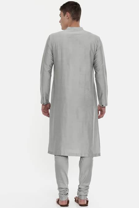 Shop Mayank Modi - Men Grey Silk, Cotton Color Block Kurta Set at Aza Fashions Shop_Mayank Modi - Men_Grey Silk, Cotton Color Block Kurta Set _at_Aza_Fashions