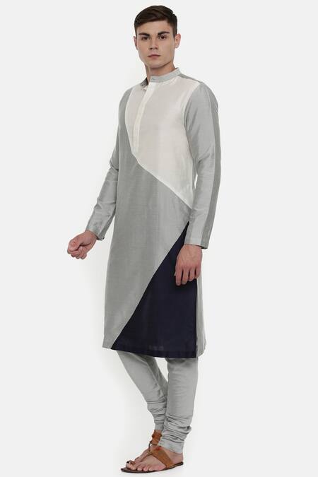 Mayank Modi - Men Grey Silk, Cotton Color Block Kurta Set Online at Aza Fashions Mayank Modi - Men_Grey Silk, Cotton Color Block Kurta Set _Online_at_Aza_Fashions
