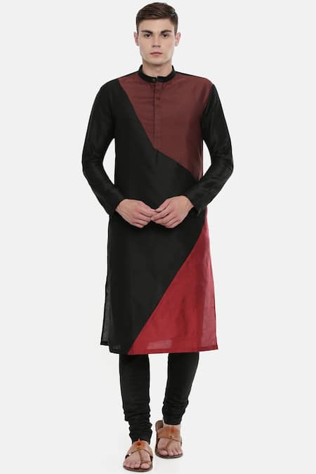 Mayank Modi - Men Black Cotton Silk Color Block Kurta Set 