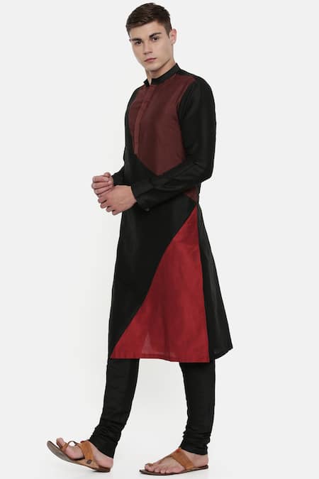 Mayank Modi - Men_Black Silk, Cotton Color Block Kurta Set _Online_at_Aza_Fashions