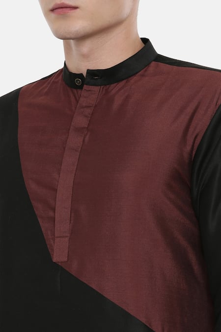 Buy_Mayank Modi - Men_Black Silk, Cotton Color Block Kurta Set _Online_at_Aza_Fashions