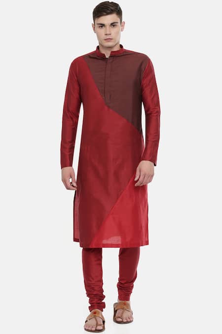 Mayank Modi - Men Maroon Cotton Silk Color Block Kurta Set 