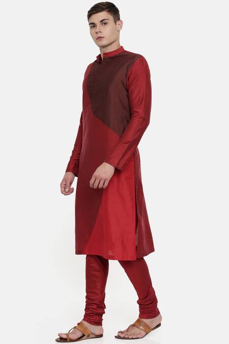 Mayank Modi - Men Maroon Silk, Cotton Color Block Kurta Set Online at Aza Fashions Mayank Modi - Men_Maroon Silk, Cotton Color Block Kurta Set_Online_at_Aza_Fashions