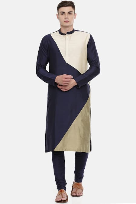 Mayank Modi - Men Blue Cotton Silk Color Block Kurta Set 