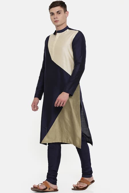Mayank Modi - Men Blue Silk, Cotton Color Block Kurta Set Online at Aza Fashions Mayank Modi - Men_Blue Silk, Cotton Color Block Kurta Set _Online_at_Aza_Fashions