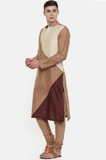 Mayank Modi - Men_Beige Silk, Cotton Color Block Kurta Set _Online_at_Aza_Fashions