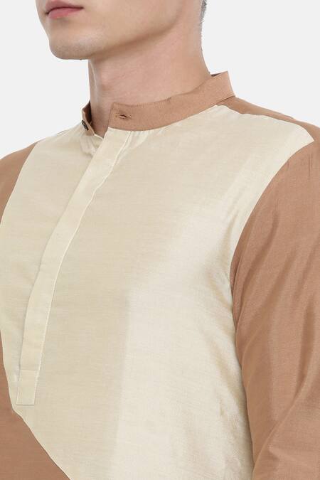 Buy_Mayank Modi - Men_Beige Silk, Cotton Color Block Kurta Set _Online_at_Aza_Fashions