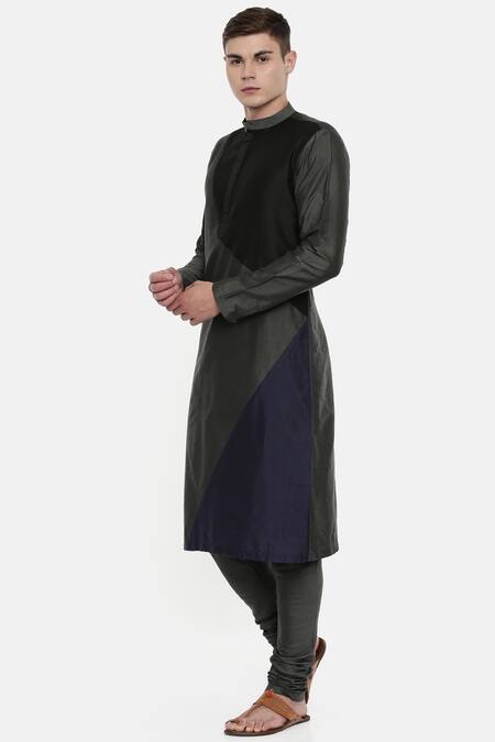 Mayank Modi - Men_Grey Silk, Cotton Color Block Kurta Set _Online_at_Aza_Fashions