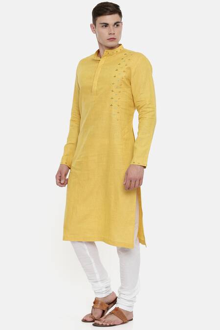 Mayank Modi - Men_Yellow Linen Embroidery Kurta Set For Kids_Online_at_Aza_Fashions