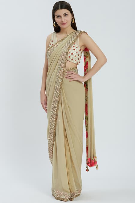 Arpan Vohra Beige Georgette V-shaped Embellished Pre-draped Saree Set 