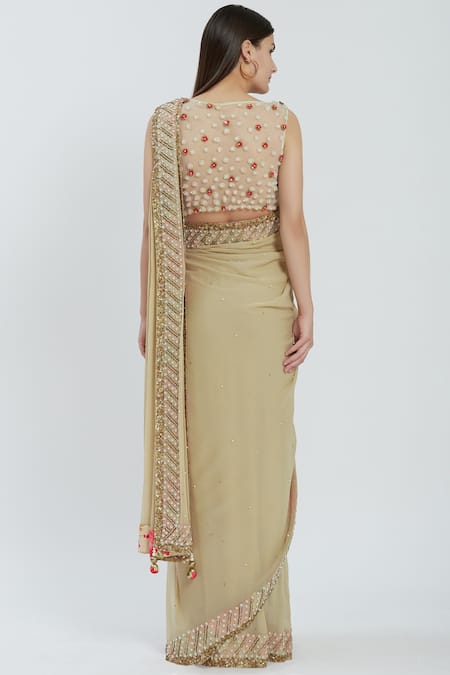 Shop Arpan Vohra Beige Georgette V-shaped Embellished Pre-draped Saree Set at Aza Fashions Shop_Arpan Vohra_Beige Georgette V-shaped Embellished Pre-draped Saree Set _at_Aza_Fashions
