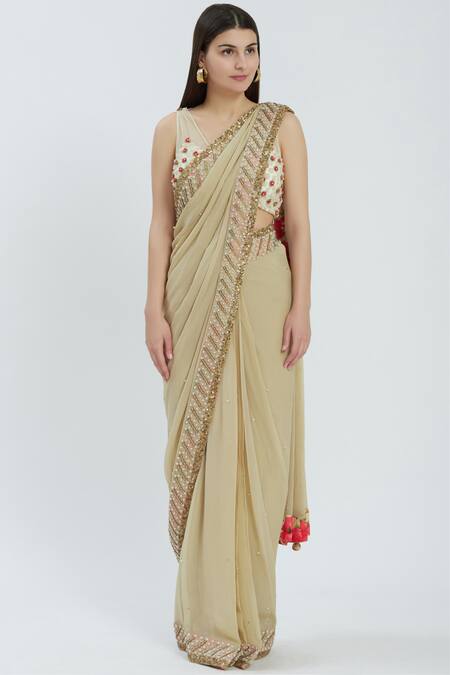 Arpan Vohra Beige Georgette V-shaped Embellished Pre-draped Saree Set Online at Aza Fashions Arpan Vohra_Beige Georgette V-shaped Embellished Pre-draped Saree Set _Online_at_Aza_Fashions