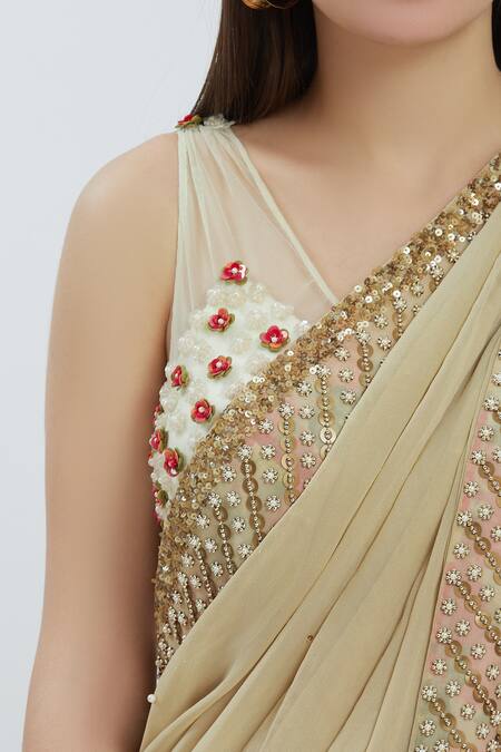 Buy Arpan Vohra Beige Georgette V-shaped Embellished Pre-draped Saree Set Online at Aza Fashions Buy_Arpan Vohra_Beige Georgette V-shaped Embellished Pre-draped Saree Set _Online_at_Aza_Fashions