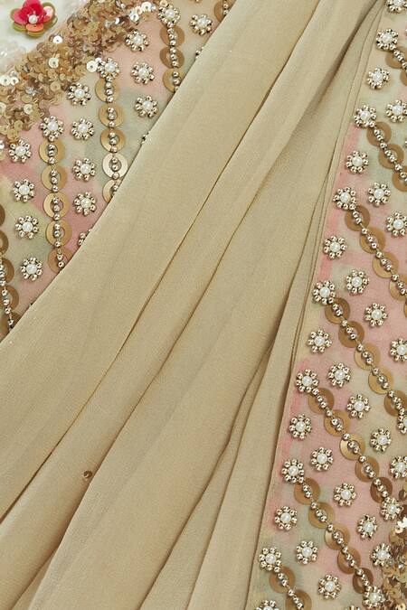 Shop Arpan Vohra Beige Georgette V-shaped Embellished Pre-draped Saree Set Online at Aza Fashions Shop_Arpan Vohra_Beige Georgette V-shaped Embellished Pre-draped Saree Set _Online_at_Aza_Fashions