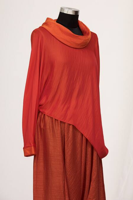 Mayank Anand Shraddha Nigam_Red Turtle Neck Collar Draped Top _Online_at_Aza_Fashions