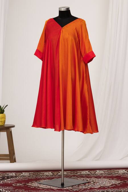 Mayank Anand Shraddha Nigam_Red V Neck Colorblock Dress _Online_at_Aza_Fashions