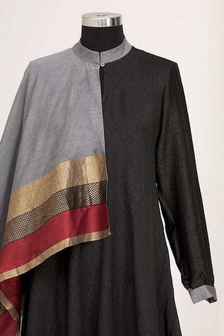 Mayank Anand Shraddha Nigam Black Mandarin Collar Draped Tunic Online at Aza Fashions Mayank Anand Shraddha Nigam_Black Mandarin Collar Draped Tunic_Online_at_Aza_Fashions