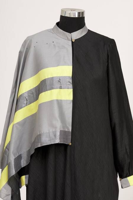 Shop_Mayank Anand Shraddha Nigam_Black Mandarin Collar Draped Tunic _Online_at_Aza_Fashions