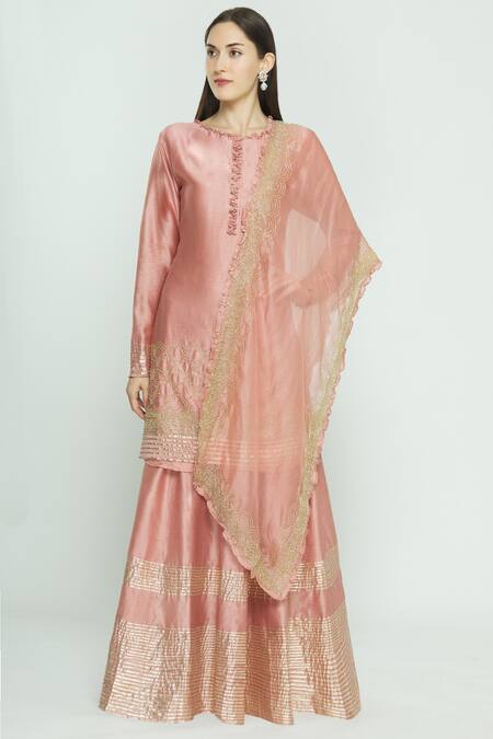 Aksh_Pink Organza, Chanderi Round Kurta Lehenga Set_Online_at_Aza_Fashions