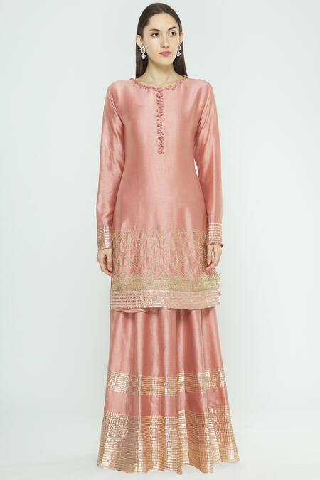 Buy_Aksh_Pink Organza, Chanderi Round Kurta Lehenga Set_Online_at_Aza_Fashions