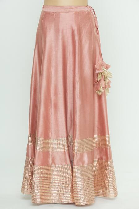 Shop_Aksh_Pink Organza, Chanderi Round Kurta Lehenga Set_Online_at_Aza_Fashions