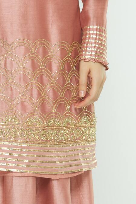 Aksh_Pink Organza, Chanderi Round Kurta Lehenga Set_at_Aza_Fashions