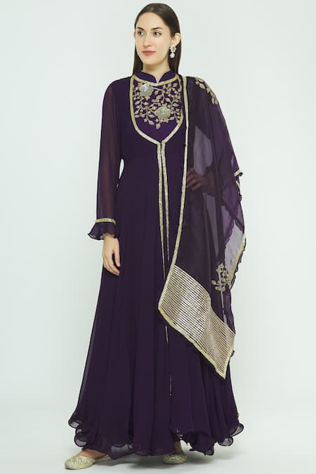 Aksh_Purple Organza, Georgette Band Collar Embroidered Anarkali Set_Online_at_Aza_Fashions