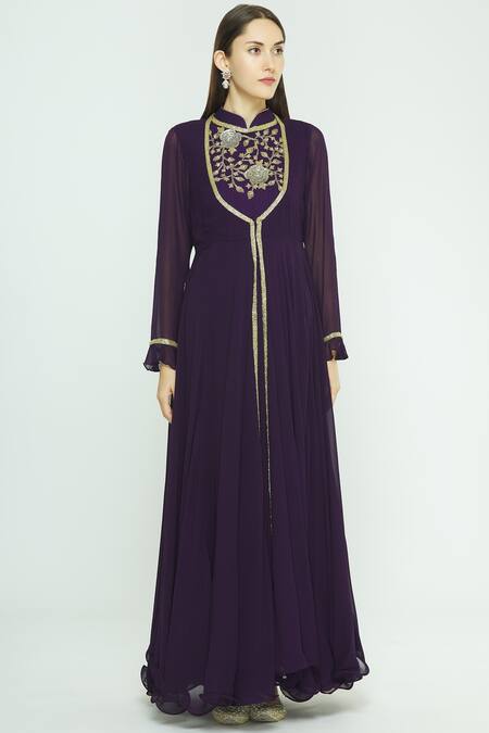 Buy_Aksh_Purple Organza, Georgette Band Collar Embroidered Anarkali Set_Online_at_Aza_Fashions